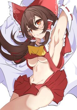 1girl absurdres armpits arms_up ascot blush bow breasts brown_hair clothes_lift detached_sleeves frilled_bow frilled_hair_tubes frills hair_between_eyes hair_bow hair_tubes hakurei_reimu highres long_hair medium_breasts navel nipple_slip nipples no_bra nontraditional_miko red_bow red_eyes red_skirt ribbon ribbon-trimmed_sleeves ribbon_trim skirt skirt_lift skirt_set solo touhou unanooo_(fthx7532) white_background yellow_ascot