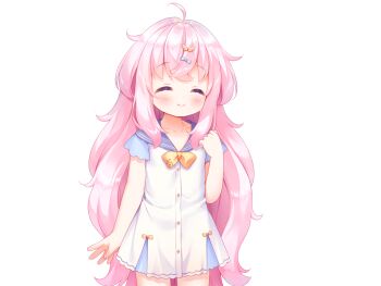 1girl ahoge blue_sailor_collar blue_sleeves blush bow bowtie buttons closed_eyes closed_mouth cowboy_shot crossed_bangs dot_nose dress game_cg hand_up harem_futago_lolita large_variant_set long_hair non-web_source pink_hair sailor_collar sailor_dress short_dress short_sleeves simple_background smile solo standing tachi-e tomari_(harem_futago_lolita) transparent_background usashiro_mani variant_set white_dress yellow_bow yellow_bowtie