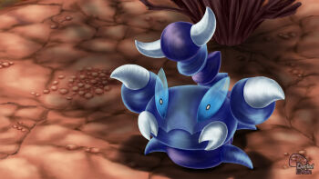 animal_focus artist_name bug claws closed_mouth commentary dentedbrain desert english_commentary full_body gen_4_pokemon grass highres nintendo no_humans outdoors pokemon pokemon_(creature) pokemon_focus skorupi solo