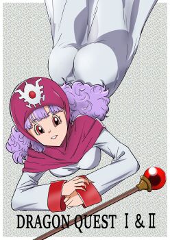 1girl absurdres ass curly_hair dragon_quest dragon_quest_ii dress flower_background hair_between_eyes headscarf highres long_hair long_sleeves looking_at_viewer princess_of_moonbrook purple_hair red_eyes red_headscarf smile solo staff title tonotyama white_dress