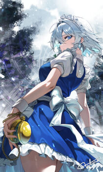 Rule 34 | 1girl, absurdres, apron, back bow, blue dress, blue eyes, bow, closed mouth, commentary request, cowboy shot, dress, frilled dress, frills, green bow, grey hair, hair bow, highres, holding, holding pocket watch, izayoi sakuya, knife, long hair, looking at viewer, looking back, maid headdress, pocket watch, puffy short sleeves, puffy sleeves, shirt, short sleeves, signature, solo, tadano1129, thighs, touhou, waist apron, watch, white apron, white bow, white shirt, wrist cuffs