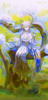 1girl absurdres arknights bare_shoulders bead_necklace beads bird bird_on_hand black_shoes blonde_hair blue_hair breasts commentary_request dragon_girl dragon_horns dragon_tail dress hair_between_eyes highres horns jewelry multicolored_hair necklace sakiyo shoes shu_(arknights) sitting solo tail white_dress white_hair