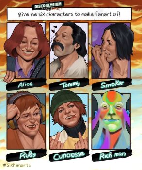 Rule 34 | 3boys, 3girls, alice demettrie, beanie, black hair, brown hair, cigarette, collared shirt, commentary, cunoesse vittulainen, disco elysium, double middle finger, english commentary, facial hair, fur collar, hat, headphones, highres, holding, holding cigarette, middle finger, multiple boys, multiple drawing challenge, multiple girls, mustache, nurve26, purple shirt, roustame diodore, ruby (disco elysium), shirt, short hair, six fanarts challenge, smile, smoke, smoke trail, smoker on the balcony (disco elysium), surreal, tommy le homme, tooth gap