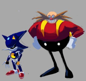 Rule 34 | 2boys, bald, classic eggman, clenched hands, commentary, dr. eggman, english commentary, facial hair, fishen, glasses, gloves, grey background, grin, hands on own hips, male focus, metal sonic, multiple boys, mustache, robot, simple background, smile, sonic (series), sonic the hedgehog (classic), white gloves