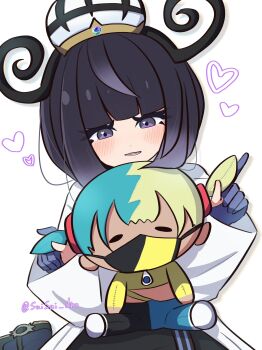 1girl black_dress blue_gloves blunt_bangs blush bob_cut canari_(pokemon) canari_plush_(pokemon) character_doll coat doll dress eyelashes gloves gwynn_(pokemon) hasu_175 hat heart heart_in_eye highres holding holding_doll implied_yuri long_sleeves looking_down mega_stone nintendo open_clothes open_coat open_mouth partially_fingerless_gloves pokemon pokemon_legends:_z-a short_hair solo symbol_in_eye twitter_username white_background white_coat