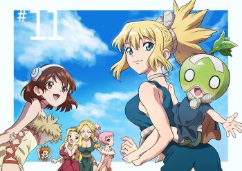 1boy 6+girls absurdres bare_shoulders blonde_hair blue_dress blue_eyes braid breasts brown_eyes brown_hair choker cleavage closed_mouth cloud dr._stone dress hair_ornament hairband hanada_nikki highres hokutouzai_minami kohaku_(dr._stone) large_breasts long_hair looking_at_viewer matsui_ruki momiji_homura multiple_boys multiple_girls ogawa_yuzuriha open_mouth pink_hair ponytail short_hair siblings sky smile suika_(dr.stone) yo_(dr._stone)