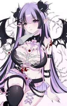 Rule 34 | 1girl, bat wings, black bra, black nails, black streaks, black thighhighs, bra, breasts, closed mouth, commentary, corset piercing, cowboy shot, disembodied hand, double bun, ear piercing, english commentary, fingernails, hair between eyes, hair bun, hair sprinkles, hand on another's chin, heart hair bun, heterochromia, highres, indie virtual youtuber, large breasts, lilya (i lily u), long fingernails, long hair, looking at viewer, microskirt, multicolored hair, nail polish, piercing, pink eyes, pointy ears, purple eyes, purple hair, purple skirt, second-party source, single thighhigh, skirt, solo, spikes, sprinkle hershy, sprinkles, streaked hair, thighhighs, torn wings, underwear, virtual youtuber, white background, wings