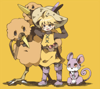 1girl androgynous chachi chachi_(azuzu) doduo gen_1_pokemon hat nintendo pokemon pokemon_(creature) pokemon_adventures ponytail rattata reverse_trap tabard yellow_(pokemon)