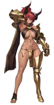 1girl arm_behind_head arm_guards armor armored_boots armpits asymmetrical_legwear belly_chain blue_eyes boots bracer breasts breasts_apart brown_dust_(series) brown_dust_2 couter dark-skinned_female dark_skin full_body gauntlets gem gold_armor greta_(brown_dust) high_ponytail highres horns jewelry leg_tattoo loincloth muscular muscular_female navel official_art pauldrons pointy_ears ponytail red_gem red_hair roman_numeral sandals second-party_source shoulder_armor solo standing tattoo thighs