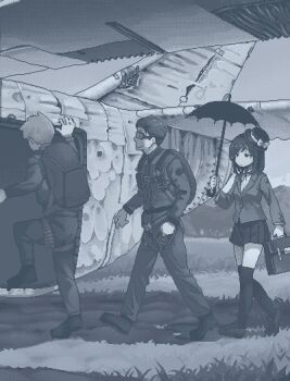 1girl 2boys aircraft airplane blazer blue_theme cosplay empty_eyes goggles hamsterfragment hat holding holding_umbrella jacket mary_poppins_(character) mary_poppins_(character)_(cosplay) medium_hair military military_combat_uniform military_uniform monochrome multiple_boys no_nose original paratrooper smile shinohata_sachie_(hamsterfragment) umbrella