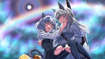2girls animal_ears black_necktie black_pantyhose black_skirt blue_jacket breasts cat_ears cat_girl cat_tail eila_ilmatar_juutilainen flying fox_ears fox_girl fox_tail grey_hair gun highres jacket kogarashi51 long_hair looking_at_another machine_gun medium_breasts mg42 military military_uniform moon multiple_girls necktie night night_sky pantyhose sanya_v._litvyak short_hair skirt sky star_(sky) starry_sky strike_witches striker_unit tail weapon white_hair world_witches_series yuri