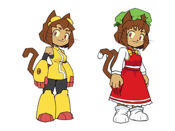 1girl animal_ears animal_hat bow brown_hair cat_ears cat_girl cat_tail chen chen_(cosplay) claws commentary cosplay dark-skinned_female dark_skin dress earrings east-west_crossover english_commentary fingernails furry furry_female gameoverse gauntlets glitch_productions goggles goggles_on_head green_hat hat highres jewelry kit_bodega mob_cap multiple_tails nekomata red_eyes red_nails reynstahl sharp_fingernails short_hair smile tail tan touhou two_tails whiskers yellow_dress yellow_gauntlets