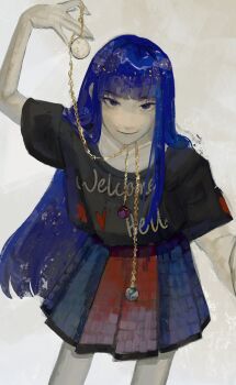 1girl absurdres arm_up black_shirt blue_eyes blue_hair blunt_bangs closed_mouth earth_(ornament) hatsburg hecatia_lapislazuli hecatia_lapislazuli_(earth) highres long_hair looking_at_viewer moon_(ornament) multicolored_skirt no_headwear plaid_clothes plaid_skirt shirt skirt smile solo t-shirt touhou underworld_(ornament)