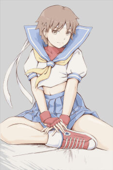 Rule 34 | 1girl, blue skirt, brown eyes, brown hair, gloves, headband, highres, kasugano sakura, looking at viewer, midriff, navel, red gloves, sailor collar, school uniform, shoes, short hair, simple background, sitting, skirt, solo, street fighter, street fighter zero (series), street fighter zero 2, tyanoki