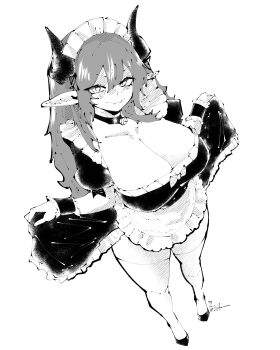 1girl absurdres apron bell breasts choker cleavage closed_mouth commentary commission double-parted_bangs dress english_commentary fangs frilled_apron frilled_dress frills full_body greyscale hair_between_eyes highres horns large_breasts long_hair looking_at_viewer maid maid_headdress miregeist monochrome neck_bell original pointy_ears shoes short_sleeves simple_background skin_fangs skirt_hold smile solo thighhighs unconventional_maid waist_apron white_background