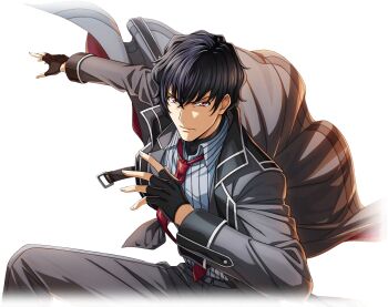 1boy black_gloves black_hair black_jacket black_pants code_geass code_geass:_lost_stories code_geass:_pule_almaria f4samurai game_cg gloves hakuba_soga highres jacket looking_at_viewer male_focus necktie official_art open_clothes pants red_eyes red_necktie short_hair sky solo