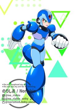 Rule 34 | 1boy, android, armor, blue armor, blue helmet, forehead jewel, full body, helmet, highres, male focus, mega man (series), mega man x (series), no-rishio, simple background, solo, watermark, white background