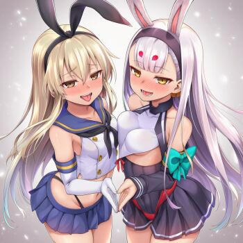 Rule 34 | 2girls, animal ears, azur lane, bare shoulders, black hairband, blonde hair, blush, breasts, buttons, commentary request, crop top, crossover, dress, elbow gloves, gloves, hairband, highleg, highleg panties, kantai collection, legs together, long hair, looking at viewer, microskirt, multiple girls, name connection, navel, okasa re taii, open mouth, panties, partial commentary, rabbit ears, rabbit girl, sailor collar, shimakaze (azur lane), shimakaze (kancolle), simple background, skin tight, skirt, sleeveless, small breasts, smile, standing, thighs, tongue, tongue out, underwear, very long hair, white background, white gloves, white hair, yellow eyes