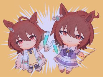 2girls agnes_tachyon_(tach-nology)_(umamusume) agnes_tachyon_(umamusume) agoumauma2 ahoge animal_ears black_necktie black_pantyhose blush bow bowtie brown_hair character_doll chemical_structure closed_mouth coat commentary_request cork doll earrings hair_between_eyes highres holding holding_test_tube horse_ears horse_girl jewelry lab_coat long_sleeves multiple_girls necktie pantyhose pleated_skirt purple_bow purple_bowtie purple_shirt red_eyes sailor_collar sailor_shirt school_uniform shirt shoes short_hair short_necktie short_sleeves single_earring skirt sleeves_past_fingers sleeves_past_wrists smile sweater sweater_vest test_tube thighhighs tracen_school_uniform umamusume white_coat white_sailor_collar white_skirt white_thighhighs wolf_cut yellow_sweater yellow_sweater_vest