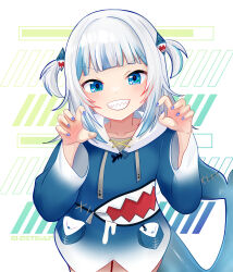 1girl :d animal_costume blue_eyes blue_hair blue_hoodie blue_nails blunt_bangs claw_pose commentary cowboy_shot english_commentary fins fish_tail gawr_gura gawr_gura_(1st_costume) ghosttbyun grey_hair hair_ornament hands_up heart heart_in_eye highres hololive hololive_english hood hoodie long_hair long_sleeves looking_at_viewer multicolored_hair nail_polish no_pants open_mouth shark_costume shark_girl shark_hair_ornament shark_tail sharp_teeth sleeves_past_wrists smile solo streaked_hair symbol_in_eye tail teeth two_side_up v-shaped_eyebrows virtual_youtuber wide_sleeves