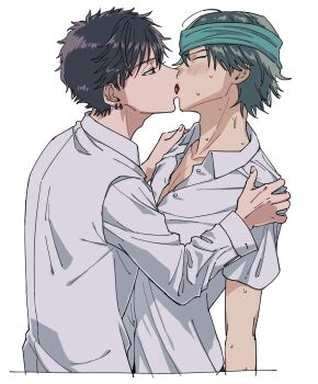Rule 34 | 2boys, adam's apple, ahoge, aqua hair, aqua headband, black hair, blush, brown eyes, cheating (relationship), closed eyes, collarbone, collared shirt, commentary request, cropped torso, earrings, fingernails, french kiss, from side, furrowed brow, hair between eyes, hands on another's shoulders, headband, highres, hitouji yuuji, jewelry, kiss, leaning back, long sleeves, looking at another, male focus, multiple boys, multiple piercings, omanjumaturi1, parted bangs, partially unbuttoned, raised inner eyebrows, shirt, short hair, short sleeves, shy, sideburns, simple background, sweat, tennis no ouji-sama, very short hair, white background, white shirt, wispy bangs, yaoi, zaizen hikaru