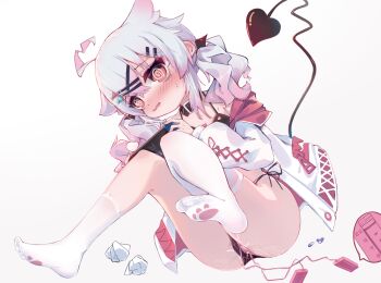 1girl @_@ ahoge an_jin_yu_jue asymmetrical_legwear black_bra black_panties black_ribbon blue_bow blue_nails blush bow bra chinese_text collar controller cross-laced_clothes cross-laced_sleeves crossed_bangs demon_girl demon_tail dildo drooling female_focus female_masturbation flat_chest gradient_hair grey_hair hair_between_eyes hair_bow hair_flaps hair_ornament hair_ribbon hairclip handheld_game_console hands_up heart highres holding holding_handheld_game_console jacket knees_together_feet_apart leaning_forward leg_up long_hair long_sleeves masturbation mouth_drool multicolored_hair nail_polish nintendo_switch nose_blush off_shoulder open_mouth original panties paw_print pill pussy_juice red_bow red_eyes red_hair remote_control remote_control_vibrator ribbon sex_toy side-tie_panties sidelocks simple_background single_sock single_thighhigh socks solo speech_bubble spoken_heart string_panties sweat tail tail_raised thighhighs translation_request twintails two-tone_hair underwear uneven_legwear vibrator vibrator_cord vibrator_under_clothes white_background white_jacket white_socks white_thighhighs zipper_pull_tab