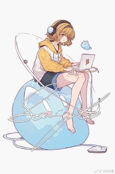 1girl :t bare_legs barefoot black_hairband black_shirt black_shorts blunt_bangs brown_hair cable candy cat chinese_commentary chocolate chocolate_bar closed_mouth cloudyman collarbone commentary_request commission computer computer_mouse denim denim_shorts dot_nose electrical_outlet expressionless eyelashes feet food full_body grey_background hair_intakes hairband headphones highres hood hood_down hoodie knees laptop light_blush long_sleeves looking_at_object on_creature original planetary_ring puffy_long_sleeves puffy_sleeves purple_eyes sample_watermark shirt short_hair shorts simple_background sitting slime_(creature) solo toes typing v-neck watermark weibo_watermark white_hoodie yellow_hood yellow_sleeves