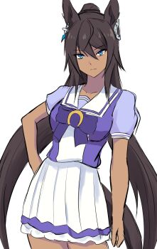 1girl animal_ears black_hair blue_eyes bow bowtie breasts clenched_hand closed_mouth clothing_cutout commentary_request dark-skinned_female dark_skin ear_covers ear_ornament earrings fukai_asase hair_between_eyes hand_on_own_hip highres horse_ears horse_girl horse_tail horseshoe_ornament jewelry long_hair looking_at_viewer pleated_skirt ponytail puffy_short_sleeves puffy_sleeves purple_bow purple_bowtie purple_sailor_collar purple_serafuku purple_shirt sailor_collar sailor_shirt school_uniform serafuku shirt short_sleeves simple_background single_earring skirt solo split_ponytail summer_uniform symboli_kris_s_(umamusume) tail tail_through_clothes tan tracen_school_uniform umamusume very_long_hair white_background white_skirt