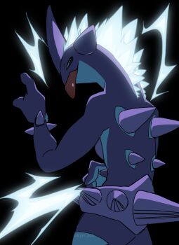 1other black_background commentary_request electricity from_behind gen_8_pokemon highres kageimo looking_at_viewer nintendo no_humans pokemon pokemon_(creature) spikes tongue tongue_out toxtricity toxtricity_(low_key)