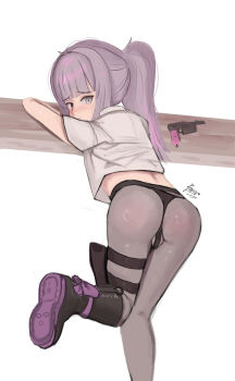 1girl absurdres ass batto_no_tiazu blush boots commentary english_commentary eyebrows_hidden_by_hair fallenshadow gun handgun highres holster indie_virtual_youtuber leaning_forward leg_holster leg_up long_hair looking_at_viewer mauser_c96 panties pantyhose ponytail purple_eyes purple_hair shirt simple_background solo standing standing_on_one_leg underwear virtual_youtuber weapon white_background white_shirt