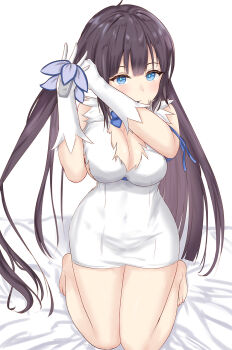 1girl barefoot black_hair blue_eyes blue_ribbon breasts commentary_request covered_navel dress dungeon_ni_deai_wo_motomeru_no_wa_machigatteiru_darou_ka elbow_gloves expressionless gloves hestia_(danmachi) highres hune_kanoa kneeling long_hair mouth_hold pencil_dress rei_no_himo ribbon solo tying_hair white_dress white_gloves