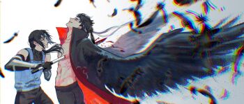 2boys bandaged_head bandages black_hair coat commentary forehead_protector from_side highres konohagakure_anbu_uniform konohagakure_symbol long_hair looking_at_another male_focus momoyoru1 multiple_boys naruto_(series) naruto_shippuuden open_clothes open_coat open_mouth parted_lips pectorals short_hair simple_background stab teeth toned toned_male uchiha_itachi uchiha_shisui white_background