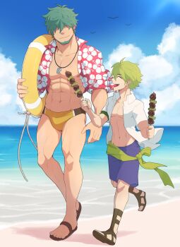 Rule 34 | 2boys, ^ ^, aark0, abs, age difference, bara, bare pectorals, beach, beard, black male swimwear, bulge, closed eyes, facial hair, fire emblem, fire emblem: the binding blade, full body, green hair, hair over eyes, happy, hawaiian shirt, height difference, highres, holding, holding skewer, holding swim ring, innertube, large pectorals, lifeguard, long sideburns, lowen (fire emblem), male focus, male swimwear, multicolored male swimwear, multiple boys, muscular, muscular male, navel, nintendo, nipples, pectorals, sand, sandals, shirt, short hair, shorts, sideburns, skewer, smile, stomach, swim briefs, swim ring, thighs, v-taper, walking, whistle, whistle around neck, wolt (fire emblem), wolt (summer) (fire emblem), yellow male swimwear