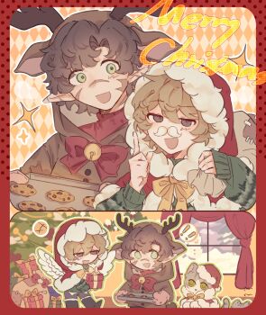 2boys :d alternate_costume animal_costume animification antlers bell border bow bowtie box brown_hair cat christmas christmas_tree commentary cosplay english_commentary english_text fake_facial_hair fake_mustache gift gift_box goodtimeswithscar green_eyes grey_eyes grian_(youtuber) hat hermitcraft highres hood hood_up horns jellie_(hermitcraft) jingle_bell kigurumi lanchi0226 male_focus merry_christmas minecraft_youtube multiple_boys multiple_views open_mouth pointy_ears red_border red_bow red_bowtie reindeer_costume rounded_corners santa_hat scar short_hair smile snowman white_wings window wings