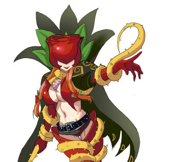 1girl absurdres belt breasts brown_panties cape cleavage commentary covered_eyes digimon digimon_(creature) dominatrix elbow_gloves english_commentary flower gloves green_cape hair_flower hair_ornament highres holding holding_whip jewelry large_breasts lipstick long_hair makeup monster_girl navel ninja_dave orange_hair panties plant plant_girl pointing red_gloves red_lips rose rosemon rosemon_x-antibody solo thorns underwear vines whip