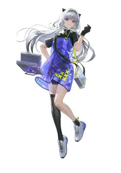 1girl absurdres bike_shorts black_gloves black_shirt black_shorts black_socks black_thighhighs computer dress echoes_of_vision full_body gloves hand_on_own_hip hand_up headgear highres leg_up long_hair looking_at_viewer low_twintails official_art purple_dress purple_eyes see-through_clothes see-through_dress shirt shoes short_shorts short_sleeves shorts shorts_under_dress shoulder_strap single_glove single_sock single_thighhigh sneakers socks solo standing standing_on_one_leg suitcase tachi-e thighhighs transparent_background twintails violet_(echoes_of_vision) white_hair white_shoes