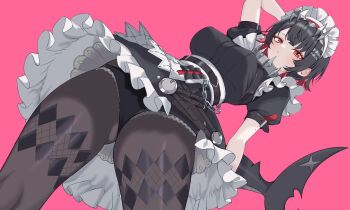 Rule 34 | 1girl, arm behind head, arm up, black dress, black hair, black panties, breasts, brown pantyhose, cameltoe, closed mouth, colored inner hair, commentary request, cowboy shot, dress, ellen joe, fins, fish tail, frilled dress, frills, from below, hairband, highres, inami (x spidekawaii x), large breasts, looking at viewer, maid headdress, metal hairband, mole, mole on arm, mole under eye, multicolored hair, panties, pantyhose, pink background, razor blade hair ornament, red eyes, scar, scar on tail, shark girl, shark tail, short hair, simple background, solo, spiked headband, tail, underwear, zenless zone zero