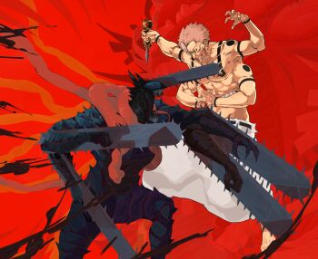2boys absurdres arm_tattoo black_hair black_nails blood bloody_weapon chainsaw chainsaw_devil chainsaw_man chest_tattoo dakaeya extra_arms extra_eyes facial_tattoo facing_to_the_side forehead_tattoo four_eyes hand_mouth highres intestine_clothing intestines japanese_clothes jujutsu_kaisen male_focus multiple_boys muscular no_eyes organs pants pink_hair pull_cord red_eyes ryoumen_sukuna_(jujutsu_kaisen) sharp_teeth short_hair shoulder_tattoo smile spiked_hair split_head stomach_mouth tattoo teeth undercut weapon wrist_tattoo