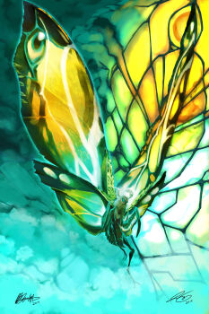 absurdres antennae bioluminescence blue_eyes bug butterfly claws cloud cloudy_sky giant giant_monster glowing glowing_eyes glowing_wings godzilla:_king_of_the_monsters godzilla_(series) green_eyes highres insect kaiju legendary_pictures mandibles monster monsterverse moth mothra multicolored_eyes night no_humans no_pupils overcast pyrasterran sky tail toho wings