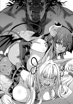 1boy 2girls animal_ear_fluff animal_ears arms_behind_back asanagi ass braid braided_sidelock breasts bridal_gauntlets bright_pupils carrot_(orc_eiyuu_monogatari) cleavage demon_girl demon_horns demon_tail demon_wings drooling fangs fox_ears fox_girl fox_tail gagan_(orc_eiyuu_monogatari) greyscale highres horns huge_breasts large_breasts long_hair low-tied_long_hair lying mole mole_under_mouth monochrome multiple_girls novel_illustration official_art on_stomach open_mouth orc orc_eiyuu_monogatari pantyhose parted_lips pointy_ears restrained revealing_clothes silviana_rivergold single_braid sitting sitting_on_person slit_pupils strap_gap sweat tail tusks wings