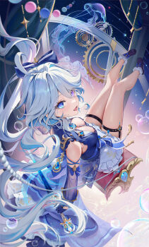 1girl :d absurdres adapted_costume ahoge air_bubble black_footwear black_gloves blue_bow blue_dress blue_eyes blue_gemstone blue_hair blue_jacket blue_sleeves bow breasts bubble dated_commentary detached_sleeves dress drop-shaped_pupils floating_hair from_above furina_(genshin_impact) gears gem genshin_impact gloves hair_between_eyes hair_bow half_gloves heterochromia highres holding holding_sword holding_weapon houkisei jacket jellyfish light_blue_hair lolita_fashion long_hair long_sleeves looking_at_viewer looking_to_the_side medium_breasts mismatched_pupils multicolored_hair on_swing open_mouth ouji_fashion outstretched_legs sitting sleeveless sleeveless_dress smile solo splendor_of_tranquil_waters_(genshin_impact) swing sword symbol-shaped_pupils thigh_strap two-tone_dress weapon white_dress white_hair