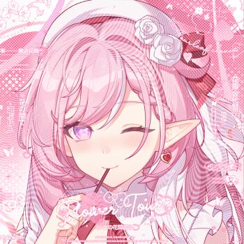 1girl abby_riddle beret braid braided_bangs chinese_commentary closed_mouth commentary_request earrings elysia_(hi_love_elf)_(honkai_impact) elysia_(honkai_impact) food food_in_mouth hat heart heart-shaped_pupils heart_earrings honkai_(series) honkai_impact_3rd jewelry long_hair looking_at_viewer multicolored_hair one_eye_closed pink_hair pink_theme pocky pocky_in_mouth pointy_ears portrait purple_eyes smile solo streaked_hair symbol-shaped_pupils watermark white_hat