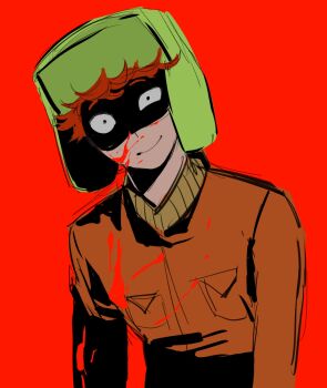 1boy black_eyes blood blood_on_clothes blood_on_face breast_pocket closed_mouth crazy crazy_eyes crazy_smile green_hat hat highres implied_murder jacket kugai697139 kyle_broflovski long_sleeves looking_at_viewer male_focus orange_jacket pocket red_background red_hair shaded_face short_hair simple_background smile solo south_park upper_body