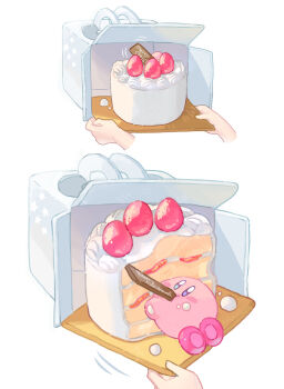 1other blue_eyes blush_stickers cake caught disembodied_hand eating food food_on_face fruit highres hoshikuzu_pan kirby kirby_(series) looking_at_viewer nintendo simple_background strawberry white_background