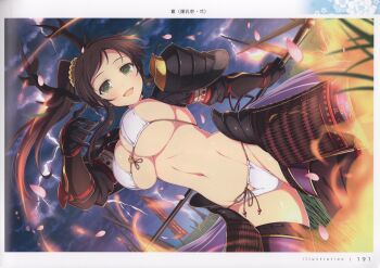 1girl absurdres armor breasts brown_hair english_text green_eyes highres holding holding_behind_back holding_polearm holding_polearm_behind_back holding_weapon holding_weapon_behind_back japanese_armor kusazuri large_breasts long_hair looking_at_viewer official_art open_mouth page_number polearm ponytail scan senran_kagura senran_kagura_new_link shiny_skin shoulder_armor simple_background smile sode solo thighs weapon yaegashi_nan