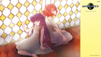 Rule 34 | 10s, 2girls, akatsuki (log horizon), hara kazuhiro, highres, log horizon, long hair, minori (log horizon), multiple girls, official art, official wallpaper, purple eyes, purple hair, red eyes, red hair