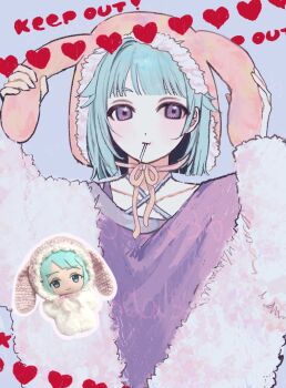 animal_hat blue_background blue_hair clothes_writing commentary_request english_text ensemble_stars! hat heart light_blush lollipop_in_mouth looking_to_the_side pink_hat purple_eyes purple_sweater shino_hajime sonoda36 stuffed_toy sweater white_fur