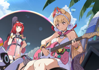 alice_thymefield alice_thymefield_(sea_of_thyme) animal_ears bangboo_(zenless_zone_zero) bare_shoulders belt blonde_hair blue_sky bow bracelet braid breasts chest_harness choker cleavage commentary daweykun dress_swimsuit electric_guitar english_commentary eyewear_on_head green_eyes guitar hair_bow hair_ornament hairband harness heart heart-shaped_eyewear heterochromia highres instrument jewelry long_hair low_twin_braids low_twintails medium_breasts miss_esme_(zenless_zone_zero) one-piece_swimsuit orange_eyes pink_one-piece_swimsuit rabbit_ears rabbit_girl rabbit_tail red_hair sky sphere_hair_ornament sunglasses swimsuit tail twin_braids twintails two-tone_one-piece_swimsuit ukinami_yuzuha ukinami_yuzuha_(tanuki_in_broad_daylight) white_one-piece_swimsuit yellow_eyes zenless_zone_zero