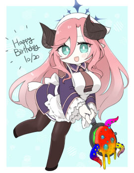 1girl :d apron bad_food black_shoes blue_archive blue_background blush border brown_pantyhose chibi collared_dress dated dress frying_pan full_body green_eyes hair_between_eyes halo happy_birthday headscarf highres holding horns juri_(blue_archive) long_hair miranofuudoria open_mouth pantyhose parted_bangs pink_hair pleated_skirt pointy_ears purple_dress shoes skirt smile solo standing standing_on_one_leg suction_cups tentacles very_long_hair white_apron white_border white_skirt