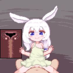 1boy 1girl animal_ears animated asymmetrical_hair blue_eyes blush bottomless censored clothed_female_nude_male continue_after_cum cowgirl_position cross-section cum cum_in_pussy cum_overflow dress ejaculation flat_chest girl_on_top hetero hinainf internal_cumshot loli long_hair looking_at_viewer low_ponytail mosaic_censoring nipples nude one_breast_out original penis pixel_art ponytail pov pov_crotch rabbit_ears rabbit_girl sex smile solo_focus spread_legs straddling strap_slip sundress tagme uterus vaginal video white_dress white_hair